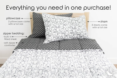 An infographic explaining everything that comes with your zipper bedding, including the zipper bedding, pillowcase, and sham.