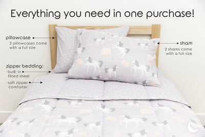 An infographic explaining everything that comes with your zipper bedding, including the zipper bedding, pillowcase, and sham.
