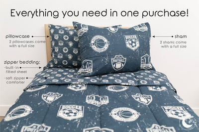 An infographic explaining what comes with your purchase of this blue sports themed kids zipper bedding, including the zipper bedding, pillowcase, and sham