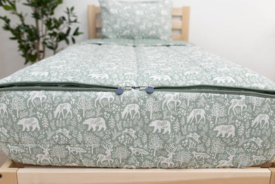 Sage green zipper girl's bedding  with white forest animals and plants, best kids bedding, zipper bedding, girls bedding, whimsical bedding, boho bedding, girls bedding