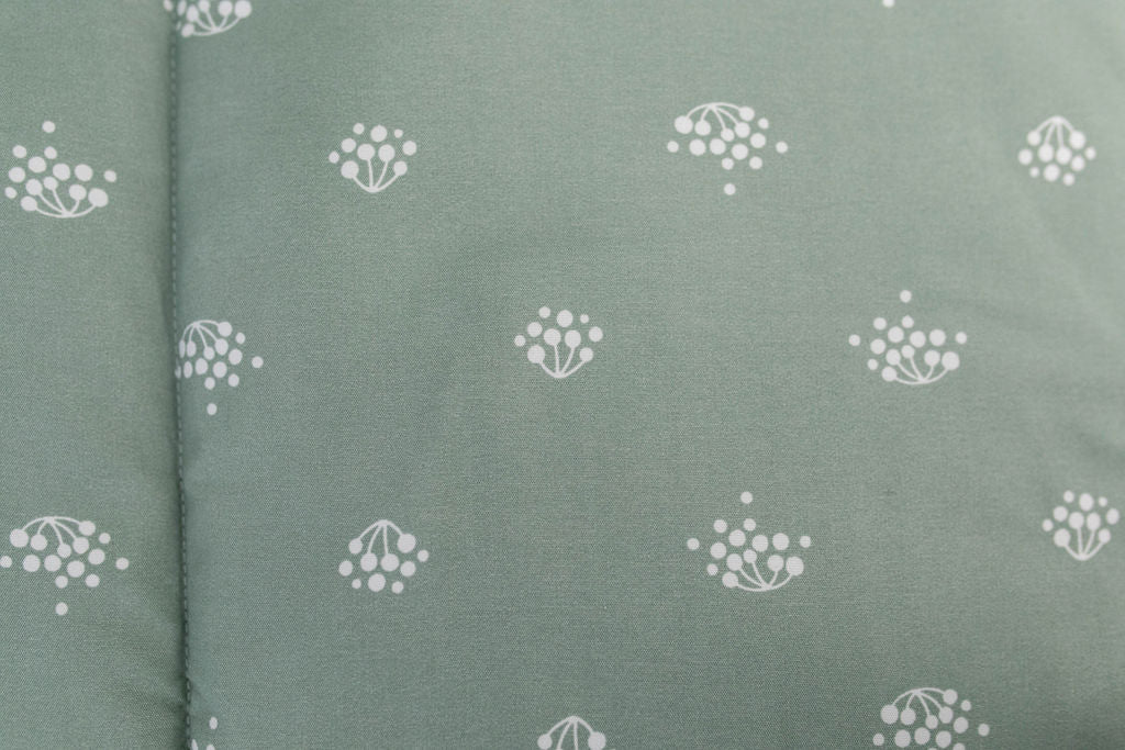 A closeup of the inside lining of a set of sage green kids zipper bedding