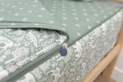 A close up on the zipper feature of a set of sage green woodland creatures and trees kids zipper bedding.