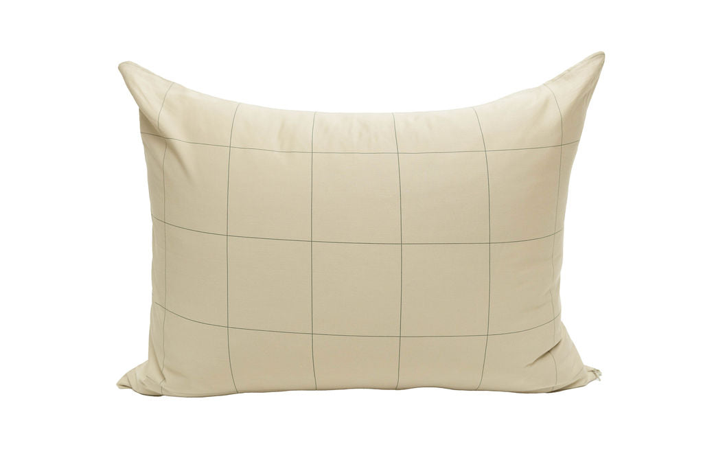 A khaki grid pattern pillowcase on a white background.