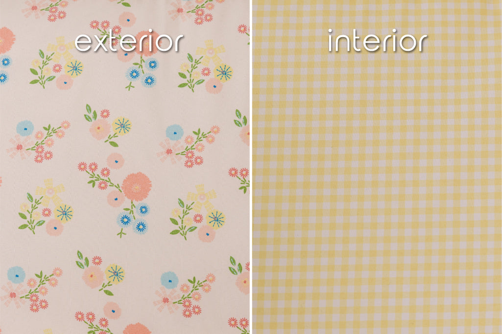 A close up of the exterior and interior fabrics of a set of flower print and yellow gingham print zipper bedding.