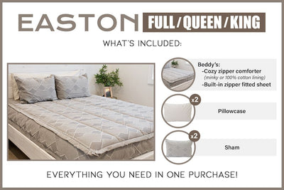 Graphic showing full/queen/king includes Beddy's comforter with two coordinating pillowcases and shams