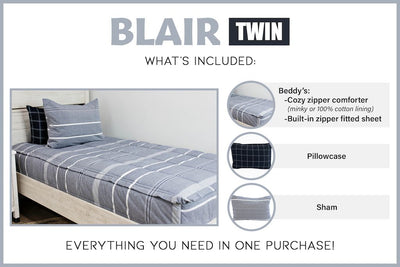 Graphic showing twin includes one Beddys comforter, one pillowcase and one sham