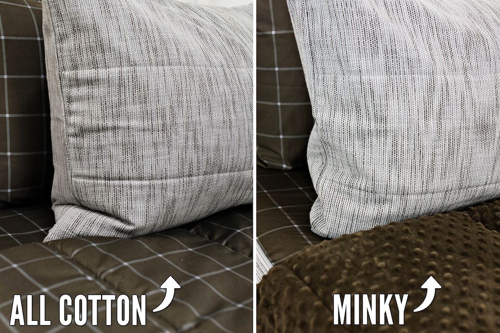 side by side comparison photo of Brown and gray woven textured bedding, one side with brown minky interior and the other side brown plaid sheets 