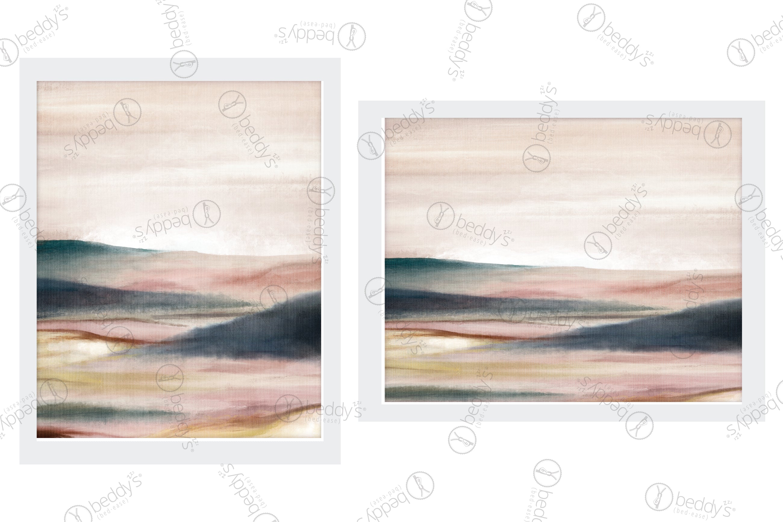 Two blue, pink and yellow hill and sky digital artworks showcased in frames.
