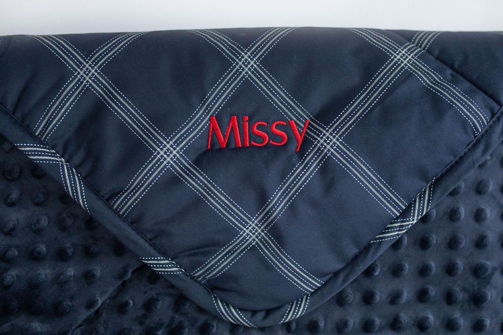 Photo highlighting red custom embroidery of a name on blue mini blanket
