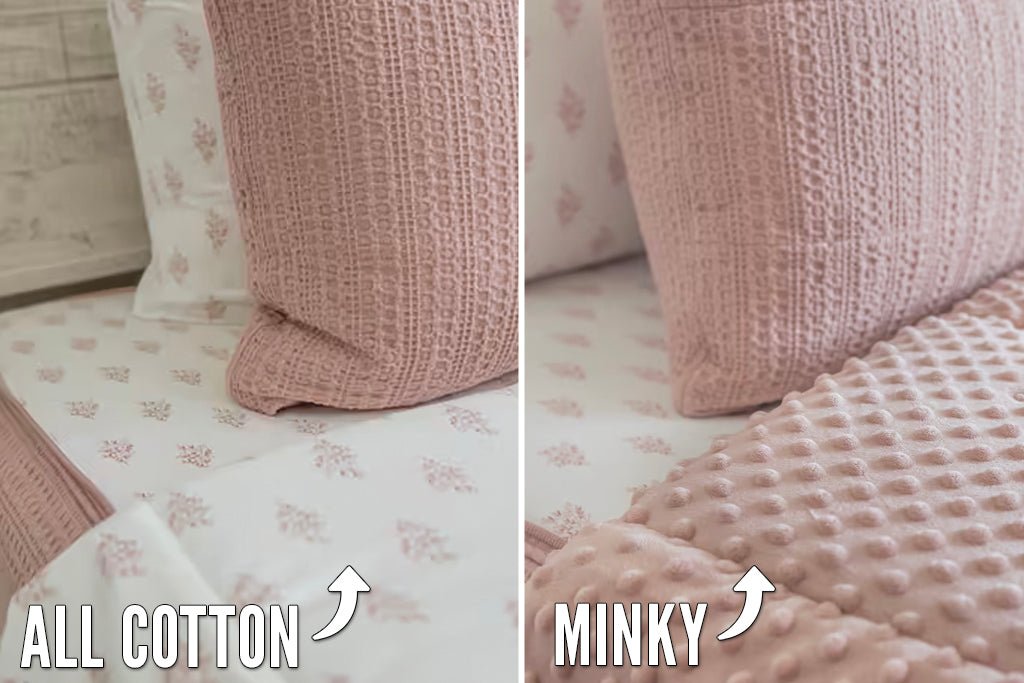 Graphic displaying all cotton and minky inner linings of pink zipper bedding