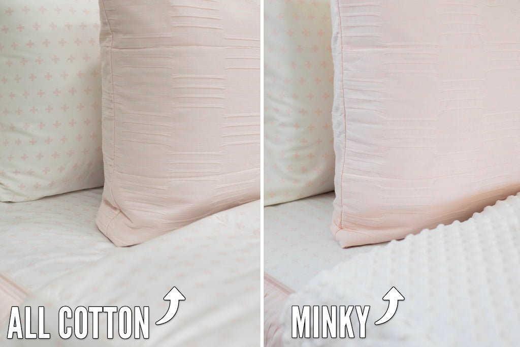 Comparison of unzipped zipper bedding minky lining and all cotton lining. White pillowcase and pink sham