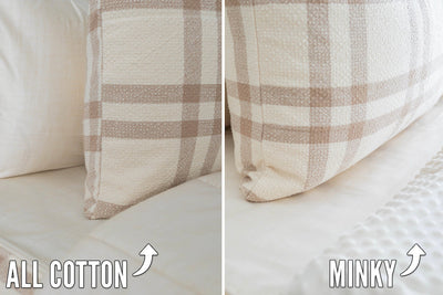 Cream and brown plaid zipper bedding comparing all cotton lining and minky lining. Decorated with cream and matching pillowcases and shams.