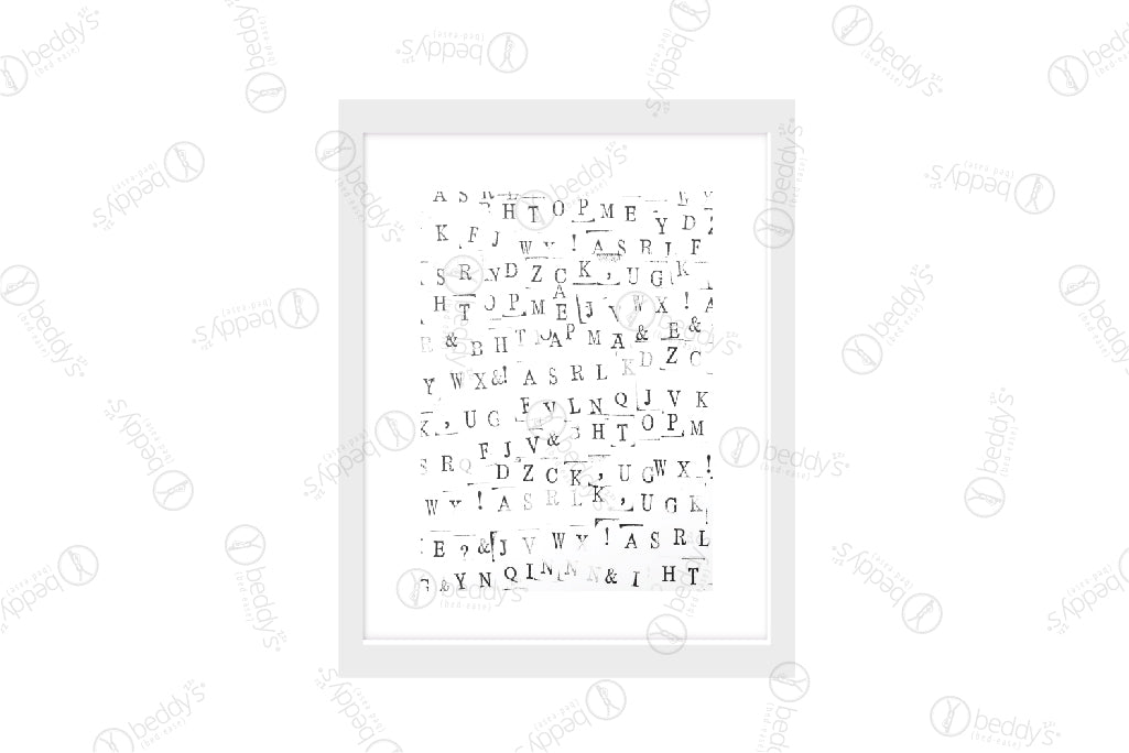 A stamped random variation of the alphabet and symbols digital artwork showcased in a frame. 