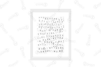 A stamped random variation of the alphabet and symbols digital artwork showcased in a frame. 