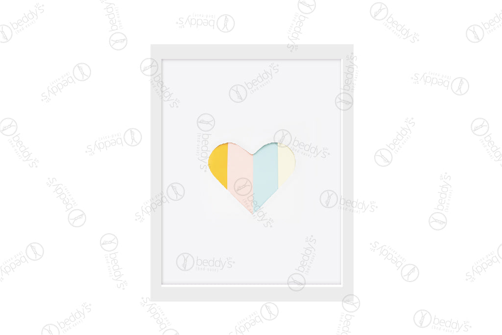 A multicolored pastel heart digital artwork showcased in a frame. 