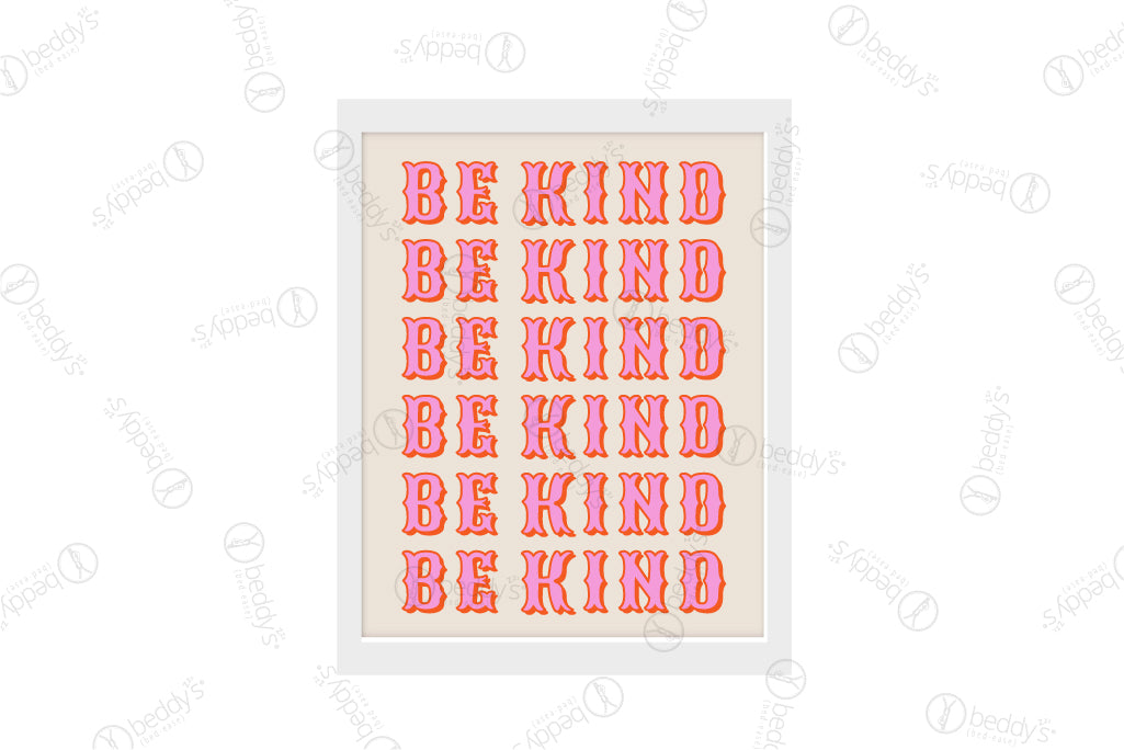 Pink graphic lettering stating "be kind" multiple times in a row on a cream background digital artwork showcased in a frame. 