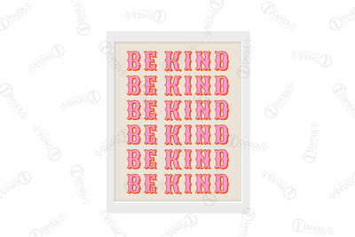 Pink graphic lettering stating "be kind" multiple times in a row on a cream background digital artwork showcased in a frame. 