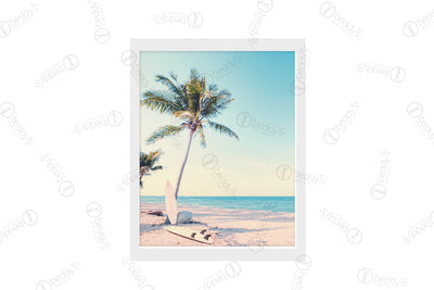 Palm trees and surfboards on a beach digital artwork showcased in a frame.