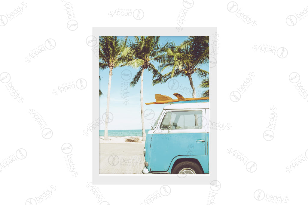 A beach with palm trees and a blue van with a surfboard on top of it digital artwork showcased in a frame.
