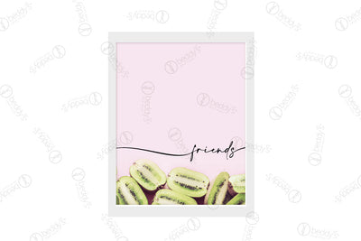 A pink backdrop with multiple kiwis at the bottom and scripted quote that says "friends" digital artwork showcased in a frame. 
