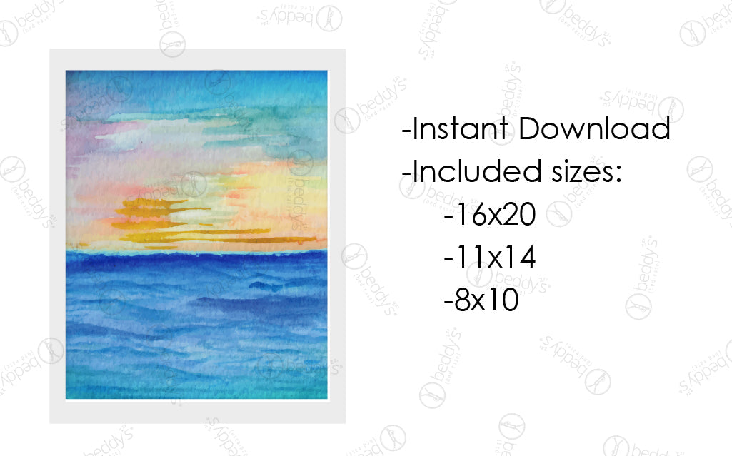 An infographic explaining the ocean sunset watercolor digital artwork size dimensions and that it's an instant download. 