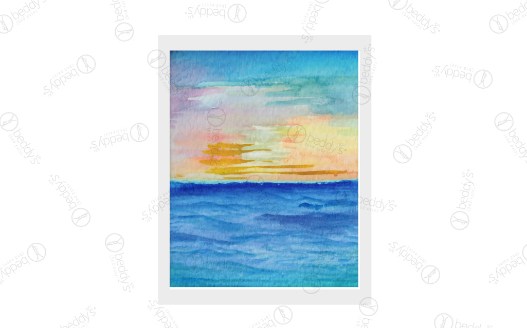 An ocean sunset watercolor digital artwork showcased in a frame. 