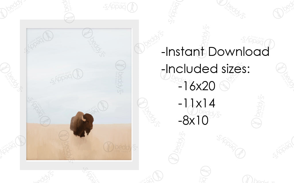 An infographic explaining the brown bison with a landscape field background digital artwork size dimensions and that it's an instant download. 