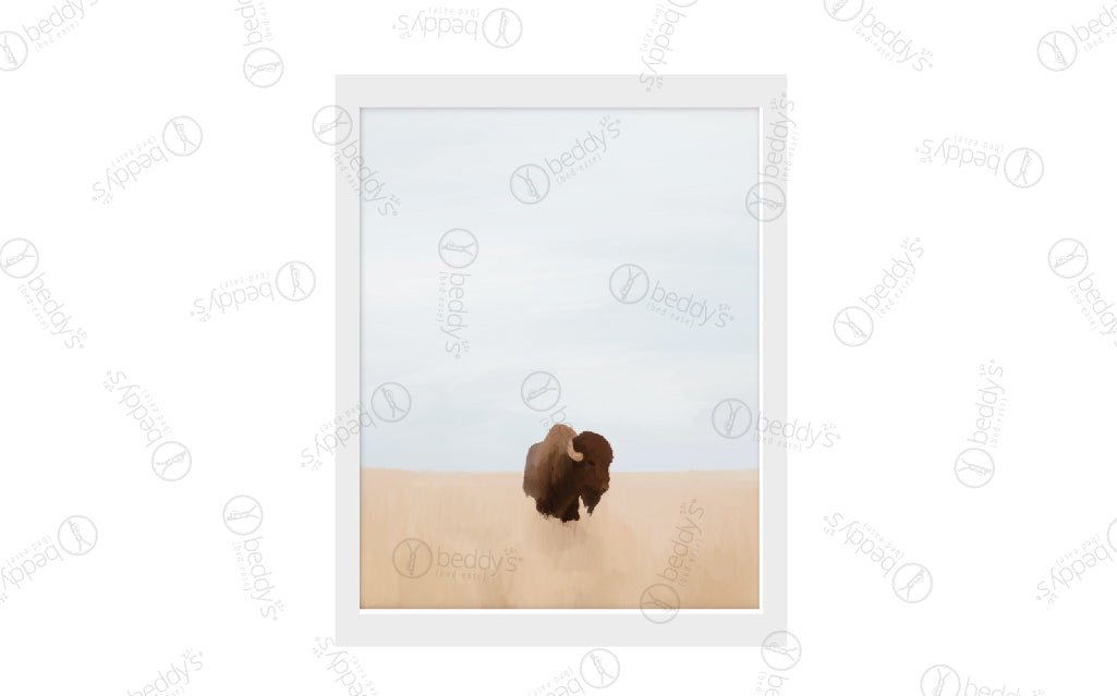 A brown bison with a landscape field background digital artwork showcased in a frame. 