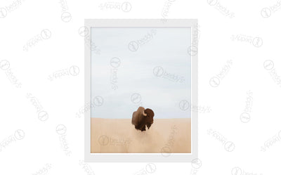 A brown bison with a landscape field background digital artwork showcased in a frame. 