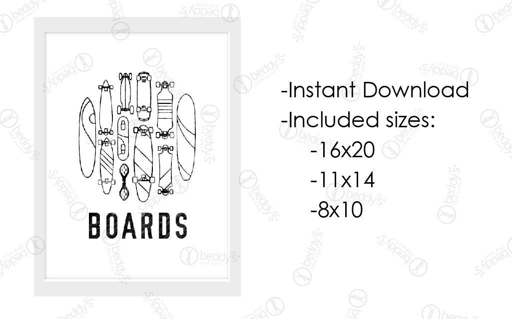 An infographic explaining the skate and surf boards digital artwork size dimensions and that it's an instant download. 