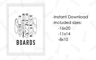 An infographic explaining the skate and surf boards digital artwork size dimensions and that it's an instant download. 