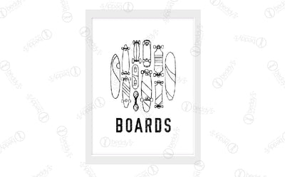 A variety of black outlined skate and surf boards digital artwork showcased in a frame. 