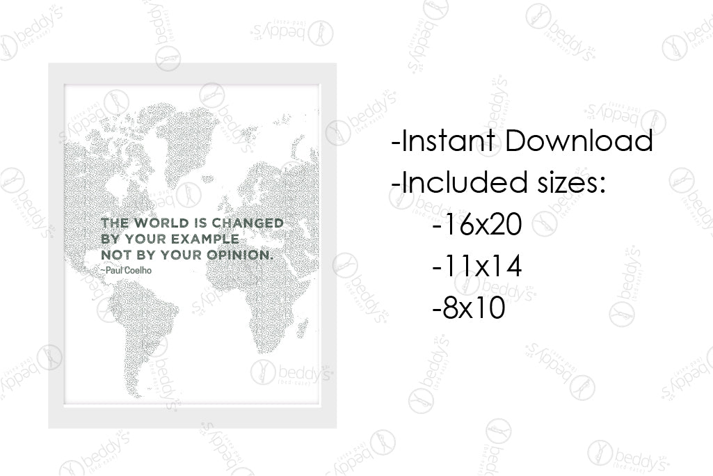 An infographic explaining the gray map of the world with a quote  digital artwork size dimensions and that it's an instant download.