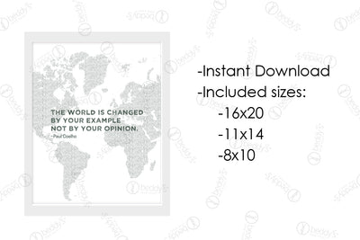 An infographic explaining the gray map of the world with a quote  digital artwork size dimensions and that it's an instant download.