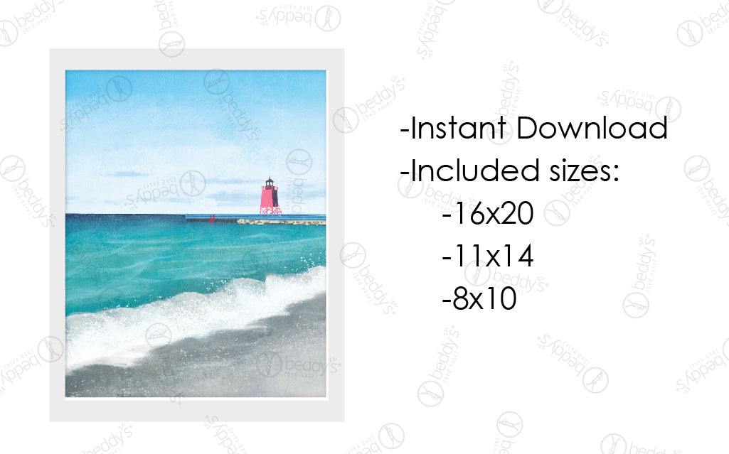 An infographic explaining the painted beach with a lighthouse digital artwork size dimensions and that it's an instant download. 