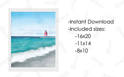An infographic explaining the painted beach with a lighthouse digital artwork size dimensions and that it's an instant download. 