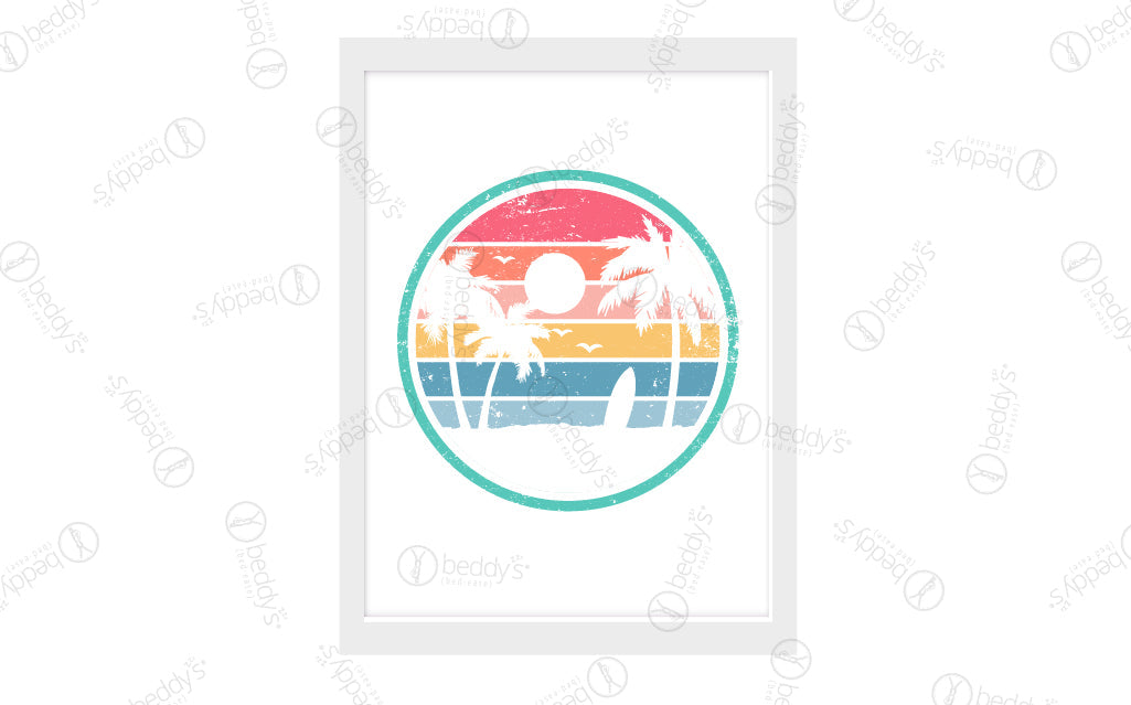 A digital artwork showcased in a frame with blue, orange, red, pink, and yellow striped pattern as the background of a beach scenery in a circular green outline.