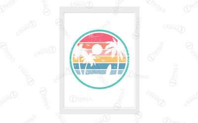 A digital artwork showcased in a frame with blue, orange, red, pink, and yellow striped pattern as the background of a beach scenery in a circular green outline.