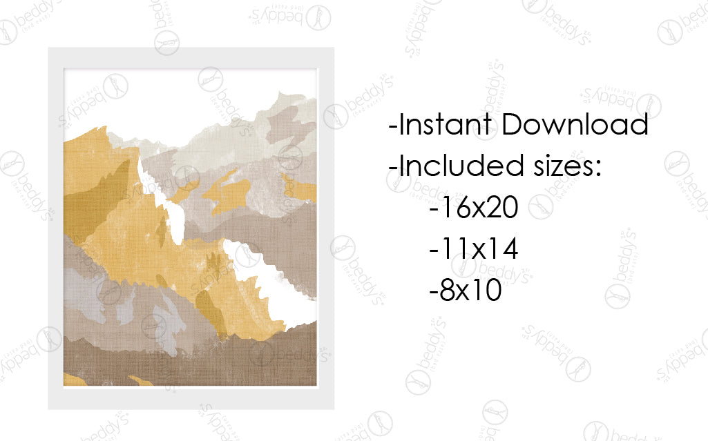 An infographic explaining the golden painted mountain range digital artwork size dimensions and that it's an instant download. 