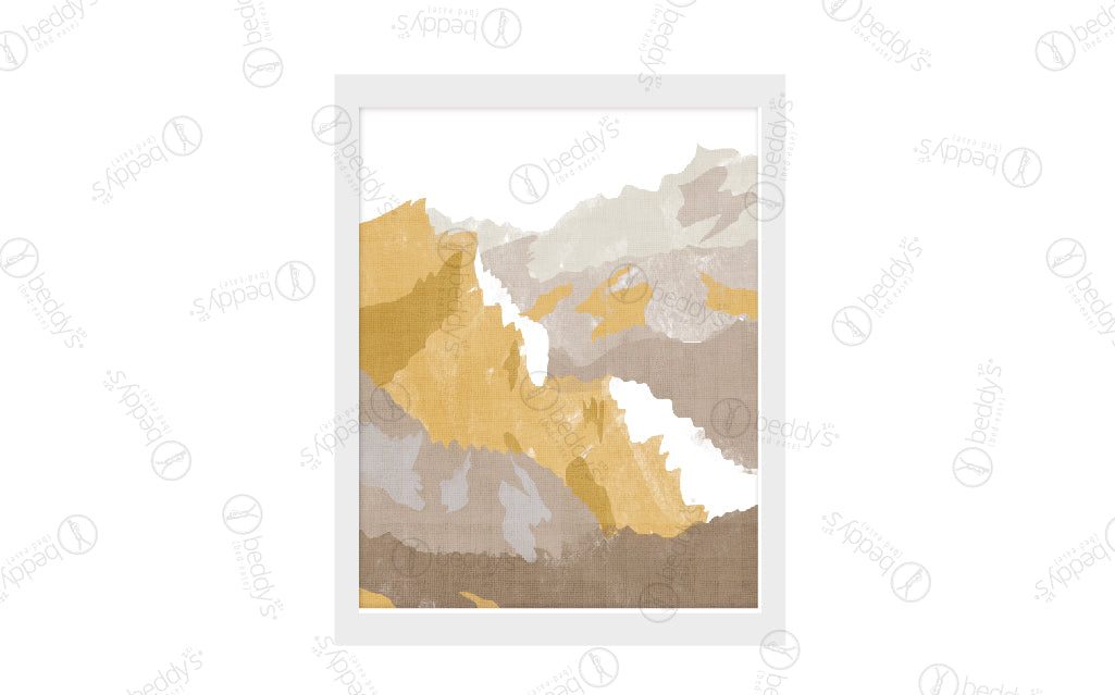 A golden painted mountain range digital artwork showcased in a frame.