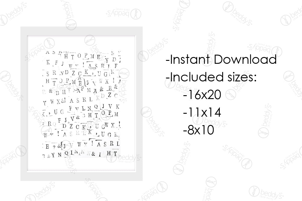 An infographic explaining the stamped random variation of the alphabet and symbols artwork size dimensions and that it's an instant download. 