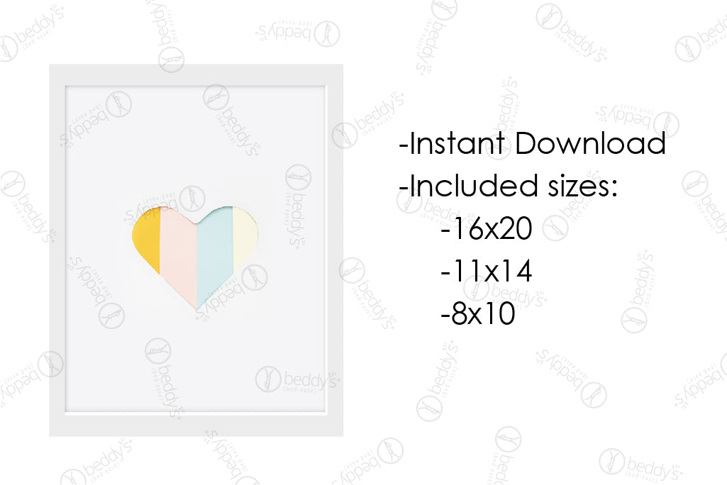 An infographic explaining the multicolored pastel heart digital artwork size dimensions and that it's an instant download. 