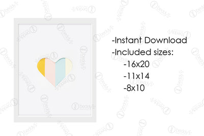 An infographic explaining the multicolored pastel heart digital artwork size dimensions and that it's an instant download. 