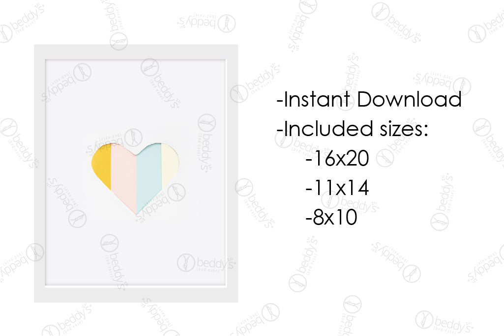 Multicolored heart artwork and the included sizes 