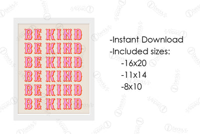 An infographic explaining the pink graphic lettering digital artwork size dimensions and that it's an instant download. 