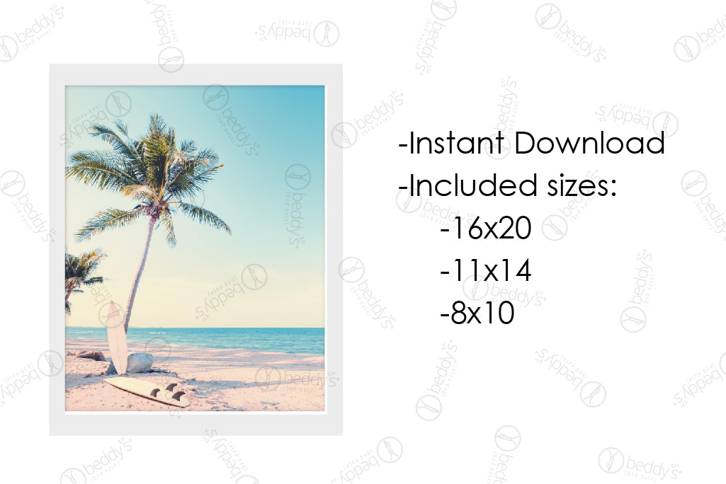 An infographic explaining the palm trees and surfboards on a beach digital artwork size dimensions and that it's an instant download.