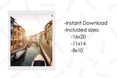 An infographic explaining the city on water with boats and colorful buildings digital artwork size dimensions and that it's an instant download. 