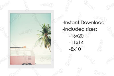An infographic explaining the pink van with a surfboard on top of it and a palm tree in the background  digital artwork size dimensions and that it's an instant download. 