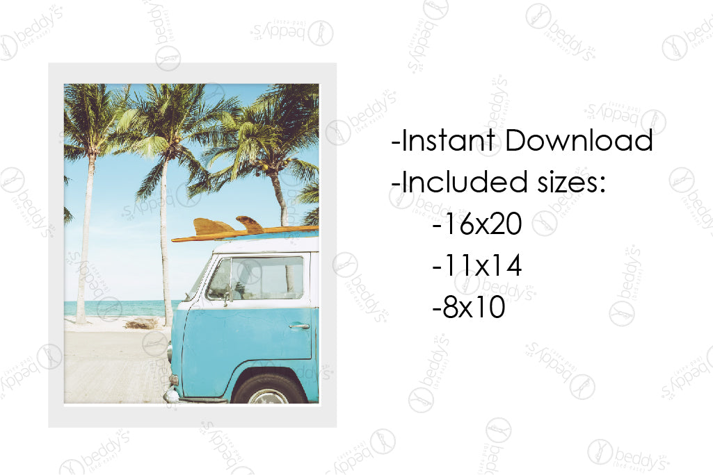 An infographic explaining the beach with palm trees and a blue van with a surfboard on top of it digital artwork size dimensions and that it's an instant download. 