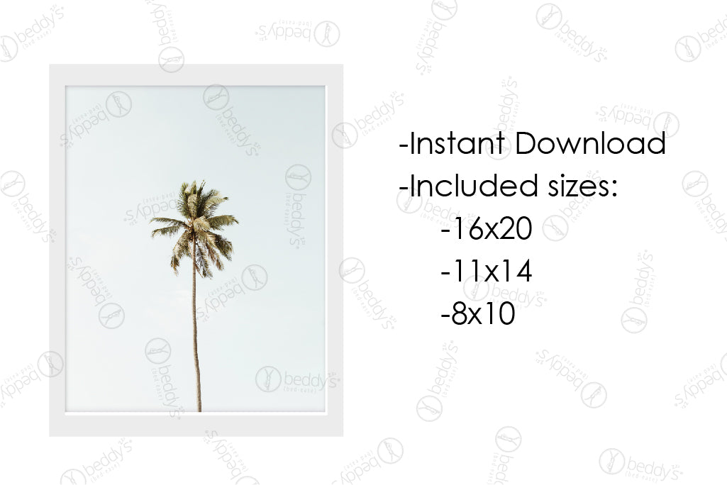 An infographic explaining the single palm tree with a light blue sky background  digital artwork size dimensions and that it's an instant download.